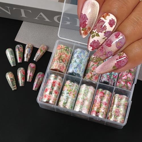 Spring Floral Nail Art Foils Transfer Stickers 10Pcs Colorful Rose Style 4