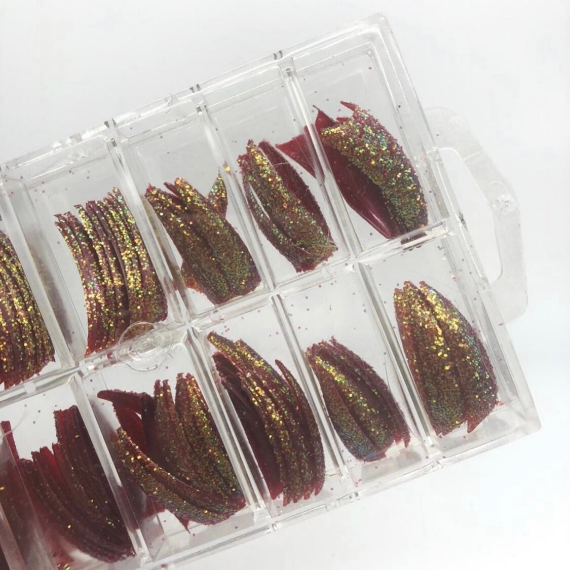 Brand New Tip Jar Fake Nail Tips – Maroon Red Stiletto with Glitter (#52)