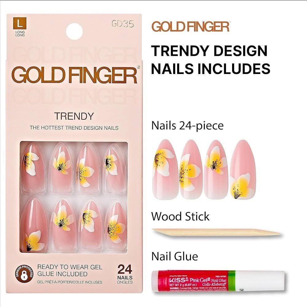GoldFinger Trendy False Nails Kit, Long Almond Shape Design Nail, Pink