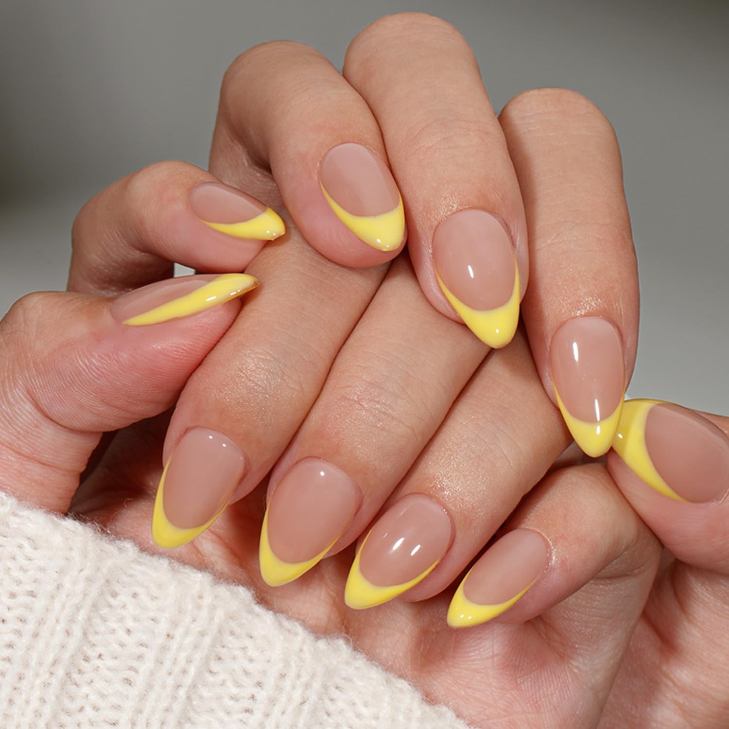 KQueenest Yellow French Tip Press On Nails Short Almond, 30 Pcs Acrylic Press…