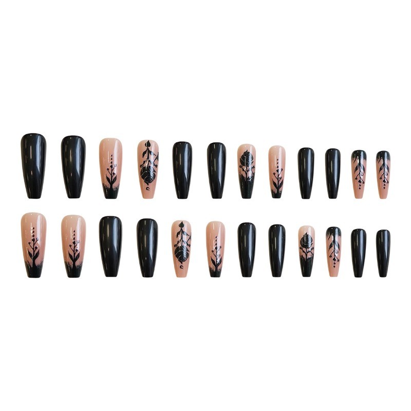 48pcs-Black Rose Press on Nails, Long Stiletto Nude Gradient Gothic Fake Nails