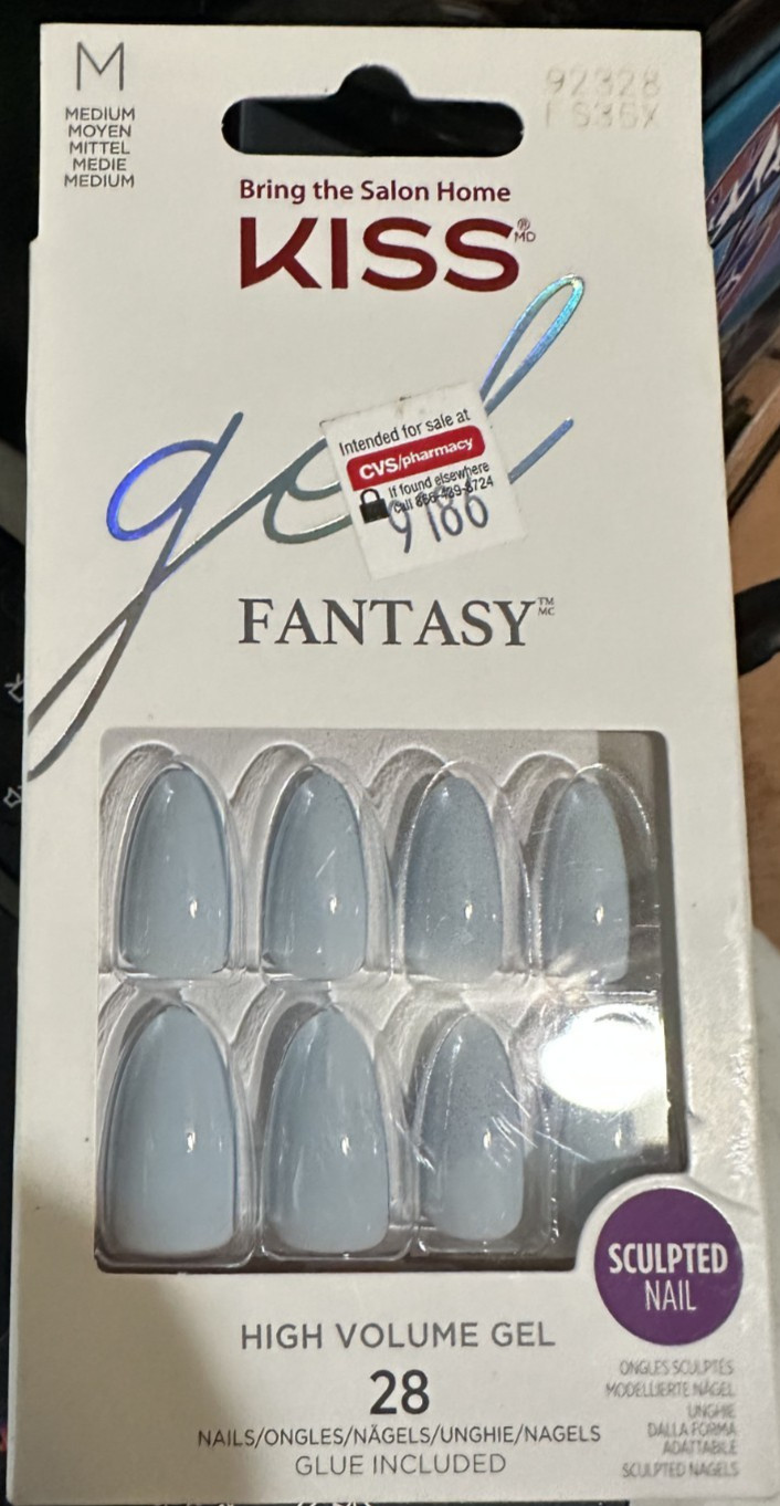 Kiss Nails Fantasy Glue/Press on Medium Almond Light Blue Holographic finish
