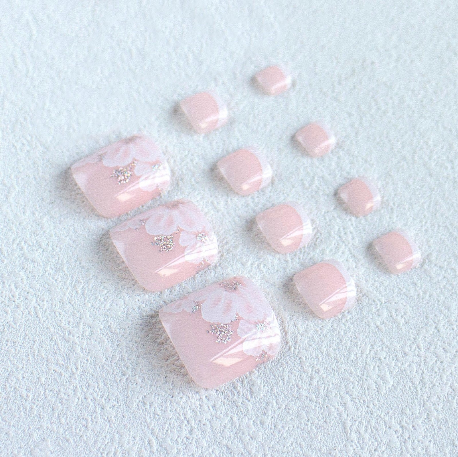 Pink Press on Toe Nails French Tip Fake Toe nails with White Flower Designs Fals