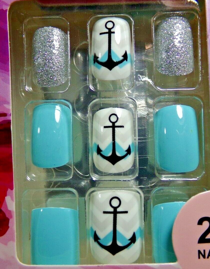 Set Finger & Toe Pretty Secrets Navy Anchors Sailor Aqua Blue Glue on Nail Short
