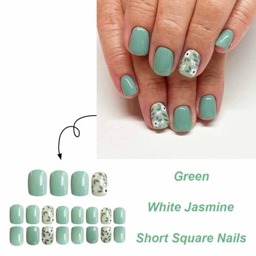 Green Press on Nails Short Square Fake Nails 1 Fl Oz (Pack of 1) Matcha Green