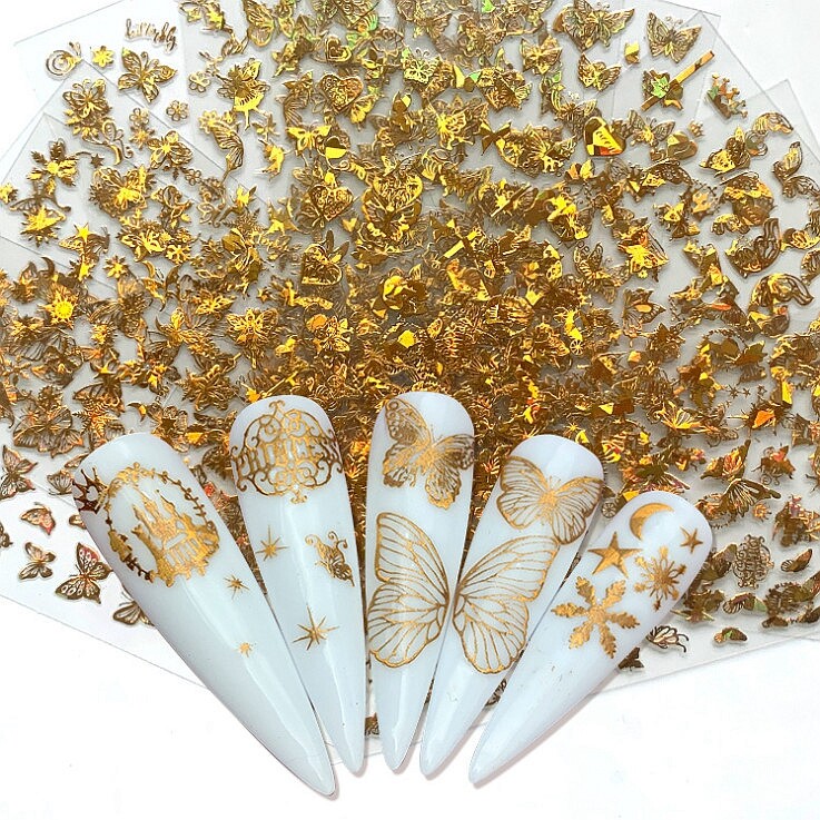 Butterfly Nail Sticker Angel Queen Rose Heart Crown Stars Carriage Laser Decals