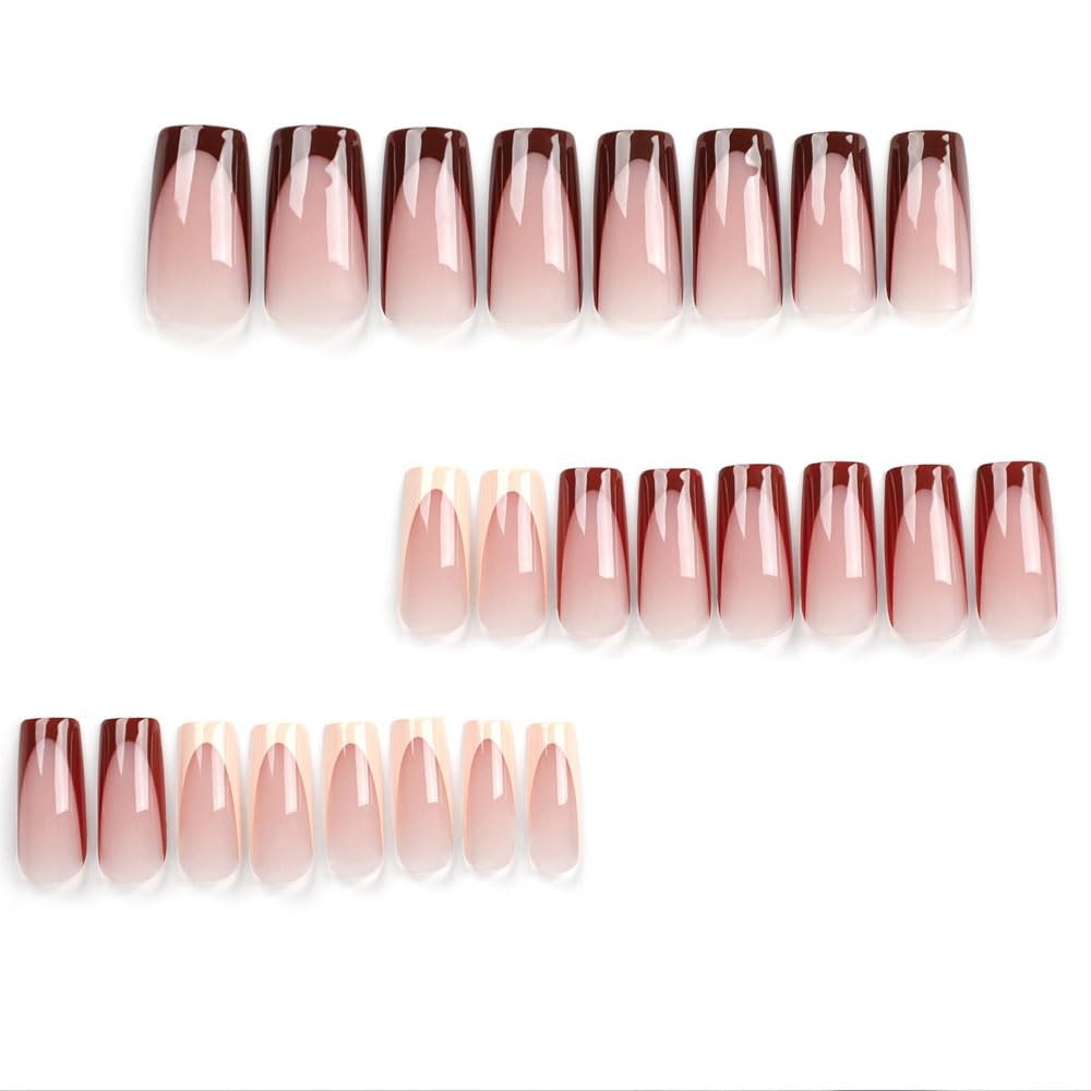 Brown Press on Nails Medium Long Square Fake Nails with Design Gel Glue on Na…