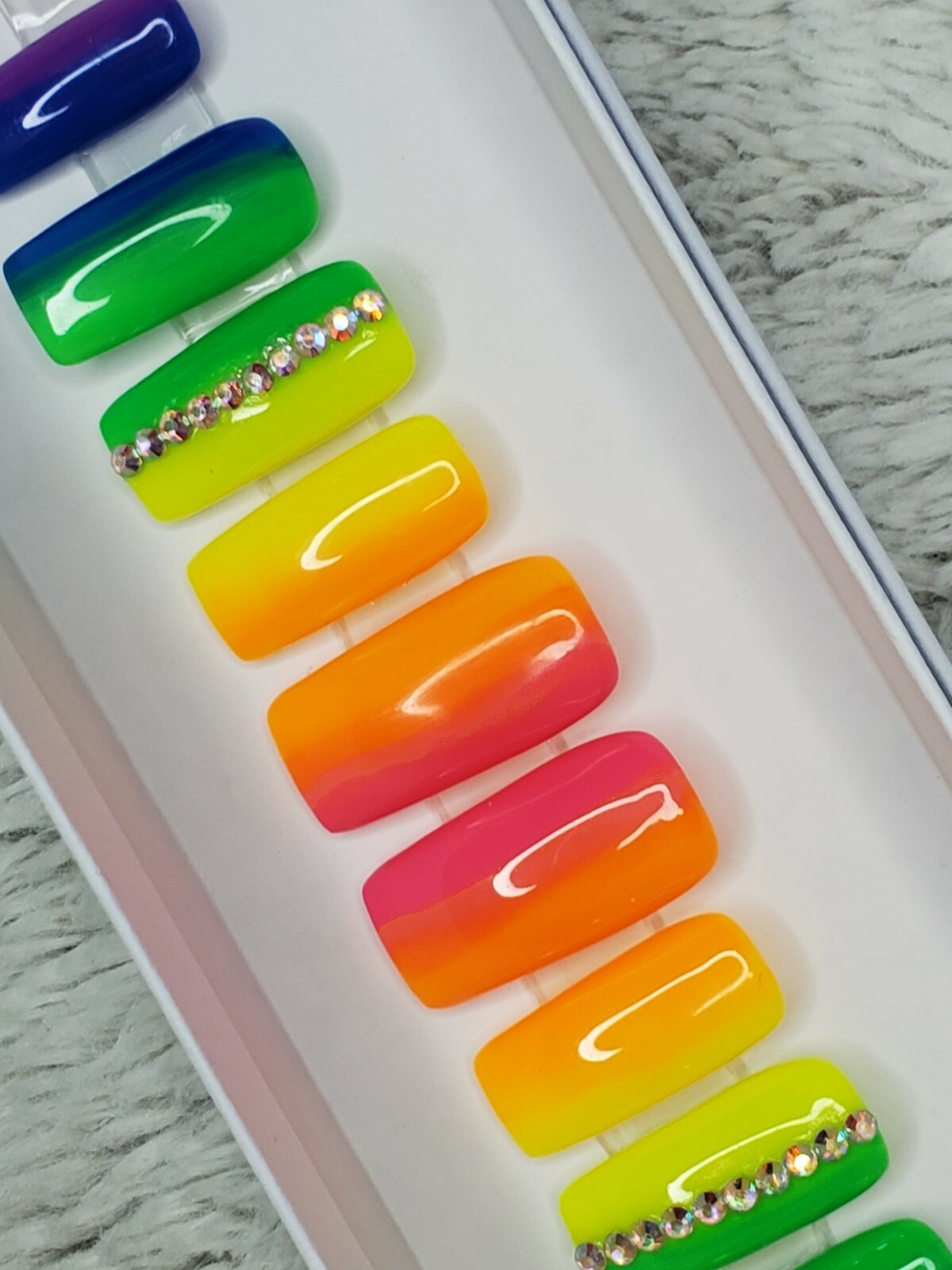 Neon Rainbow bling nails crystal pride set Press On nails diamond long square