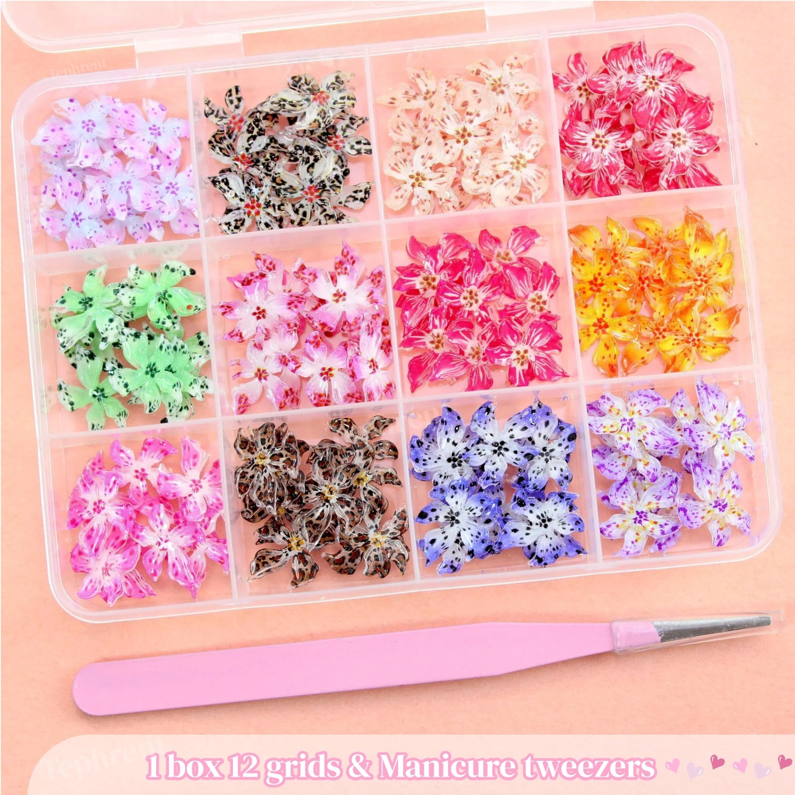 120Pcs 12 Grids Flower Nail Art Charms Cute Hawaii Flower Nail Rhinestones Co…