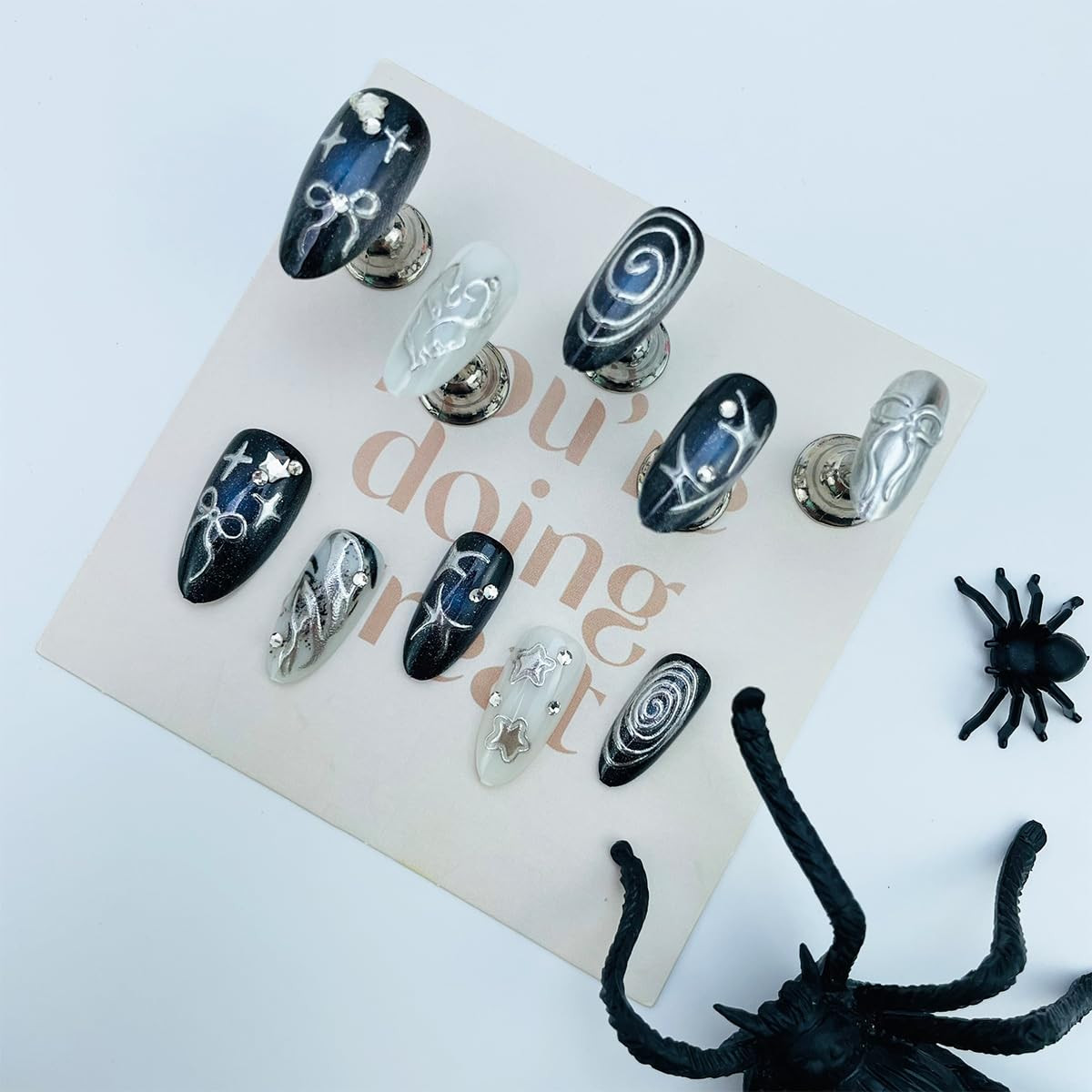 30Pcs Black Silver Y2K Goth Press on Nails Medium Almond False Nails with 3D Chr