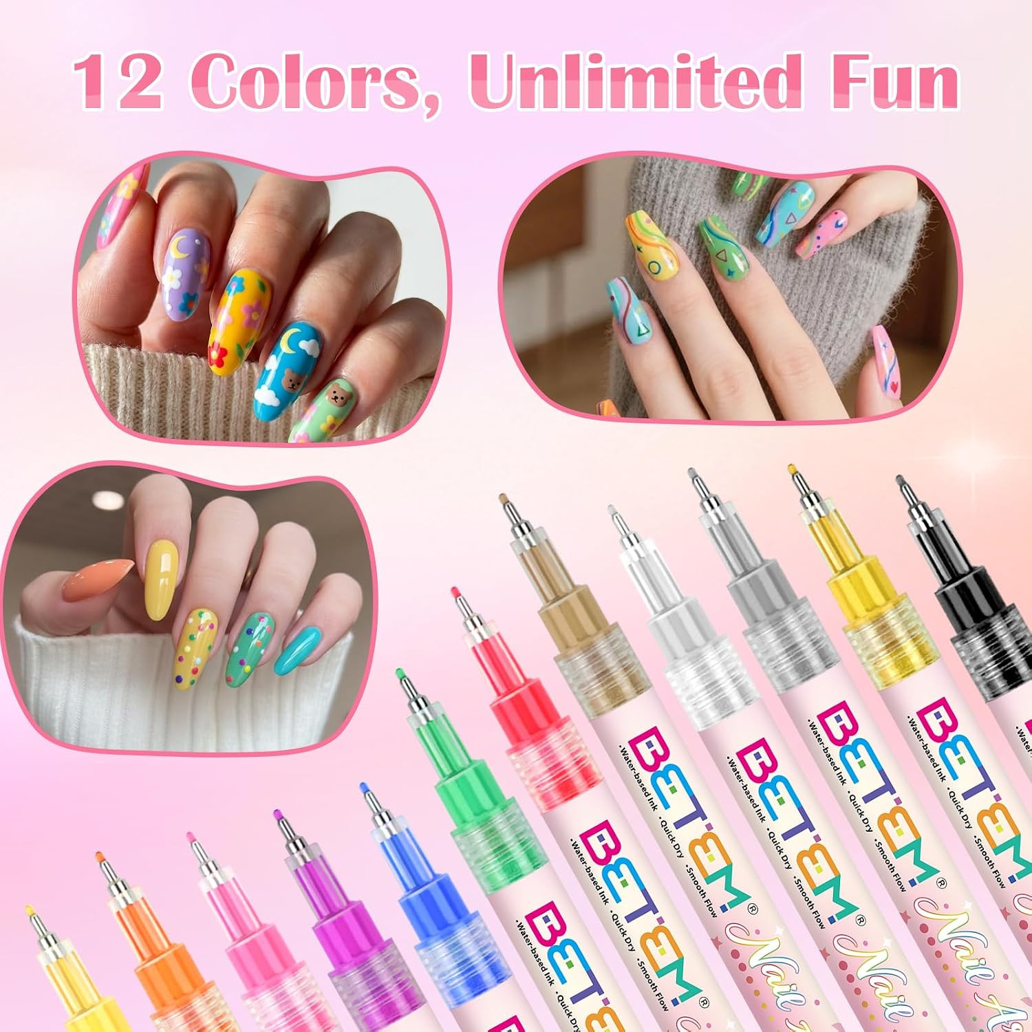 Nail Art Pens Set, Fine Tip 12 Colors Nails Art Markers Non-Toxic, Quick-Drying