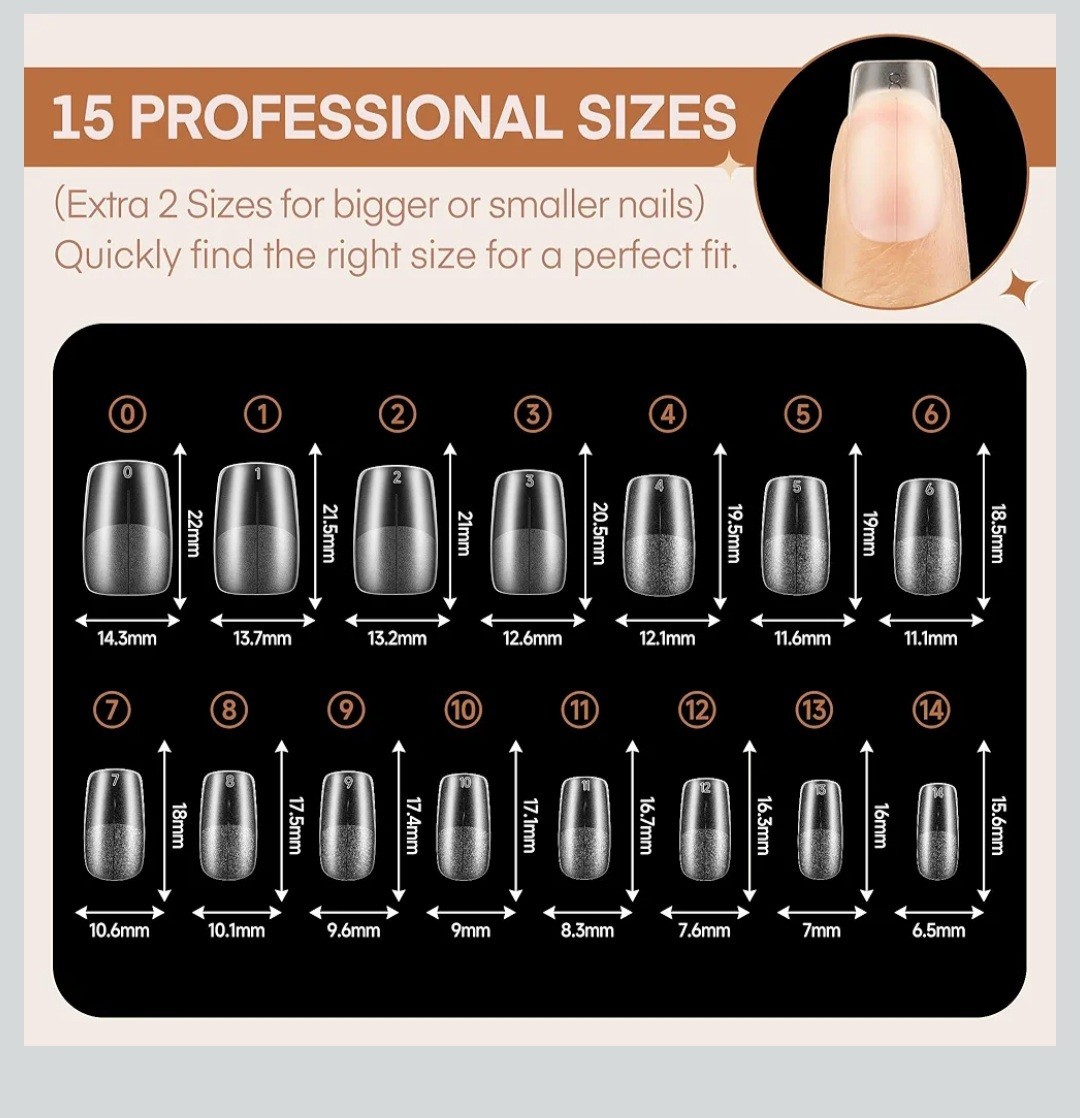504pcs Luckyfairy Short Square Nail Tips Soft Gel Nails Tips 15 Different Sizes