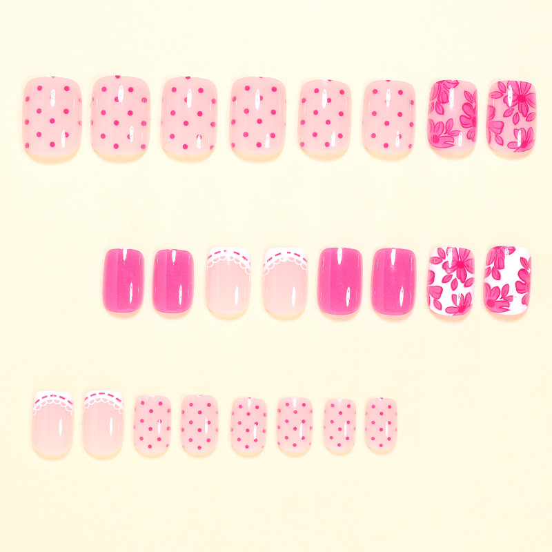 48pcs Short Square Press on Nails, Pink White Floral Lace Polka Dot Print Nails