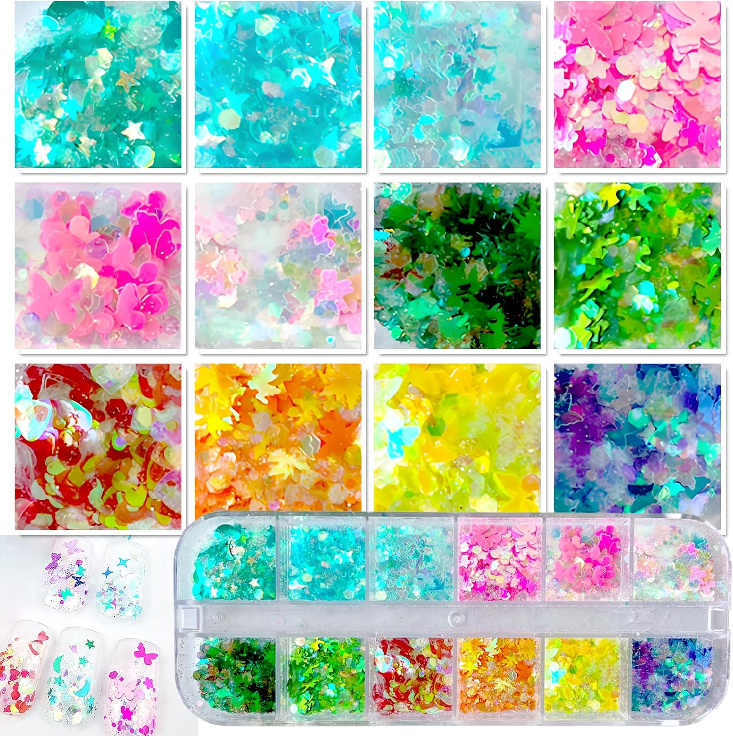 4 Boxes Nail Glitter Holographic Maple Chunky Glitter Flakes Mixed Shaped Flower