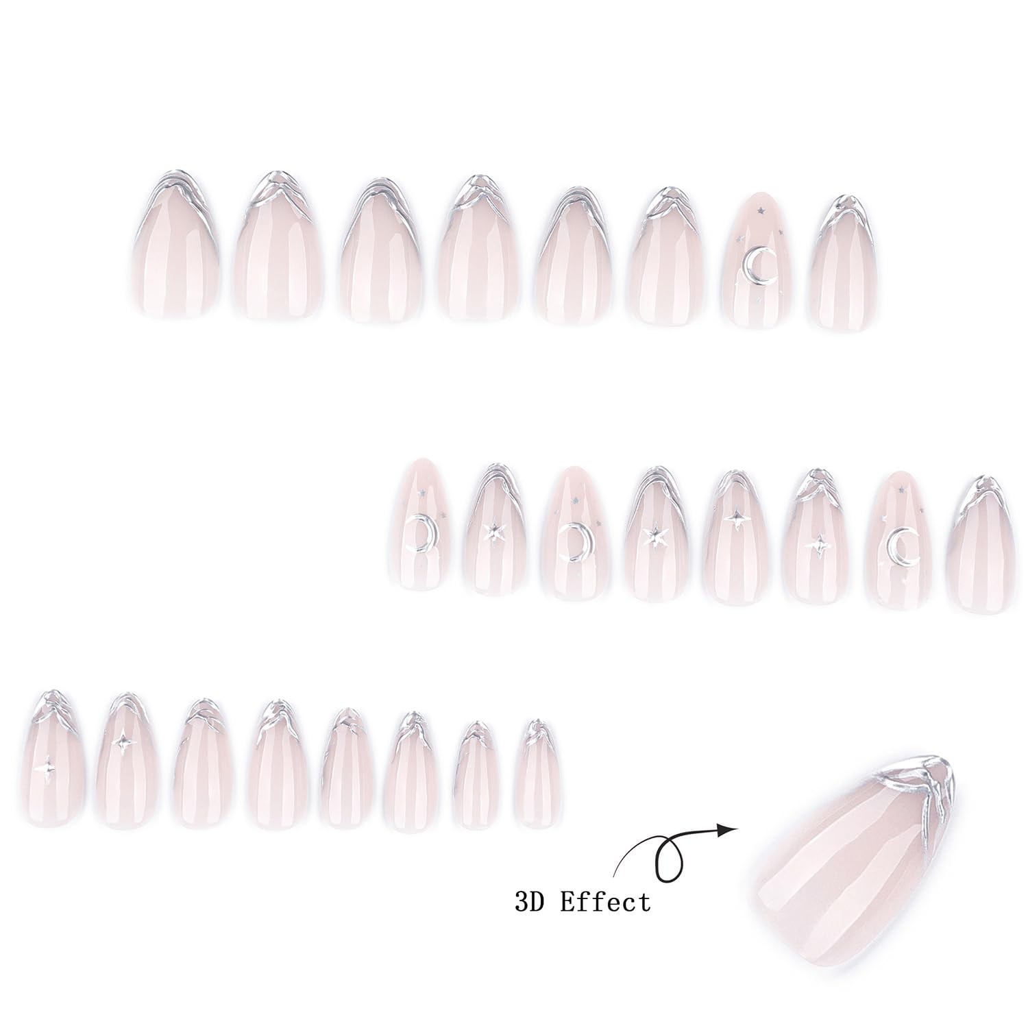 24pcs Almond Press On Nails Medium Almond Silver French Tip Fake Nails with 3…