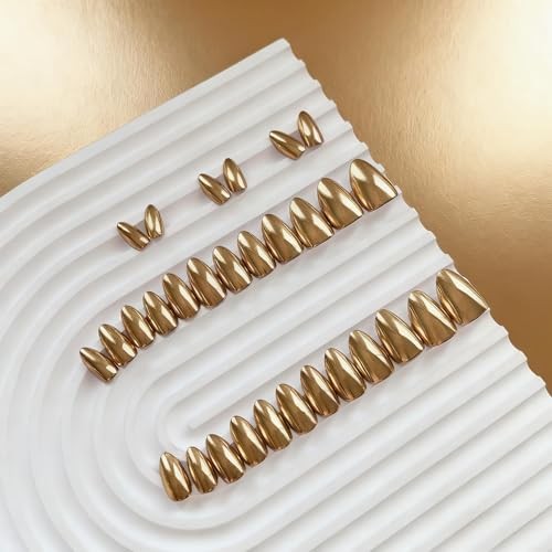 Chrome Press On Nails Short Almond, Metallic Bronze Brown Fake almond-bronze