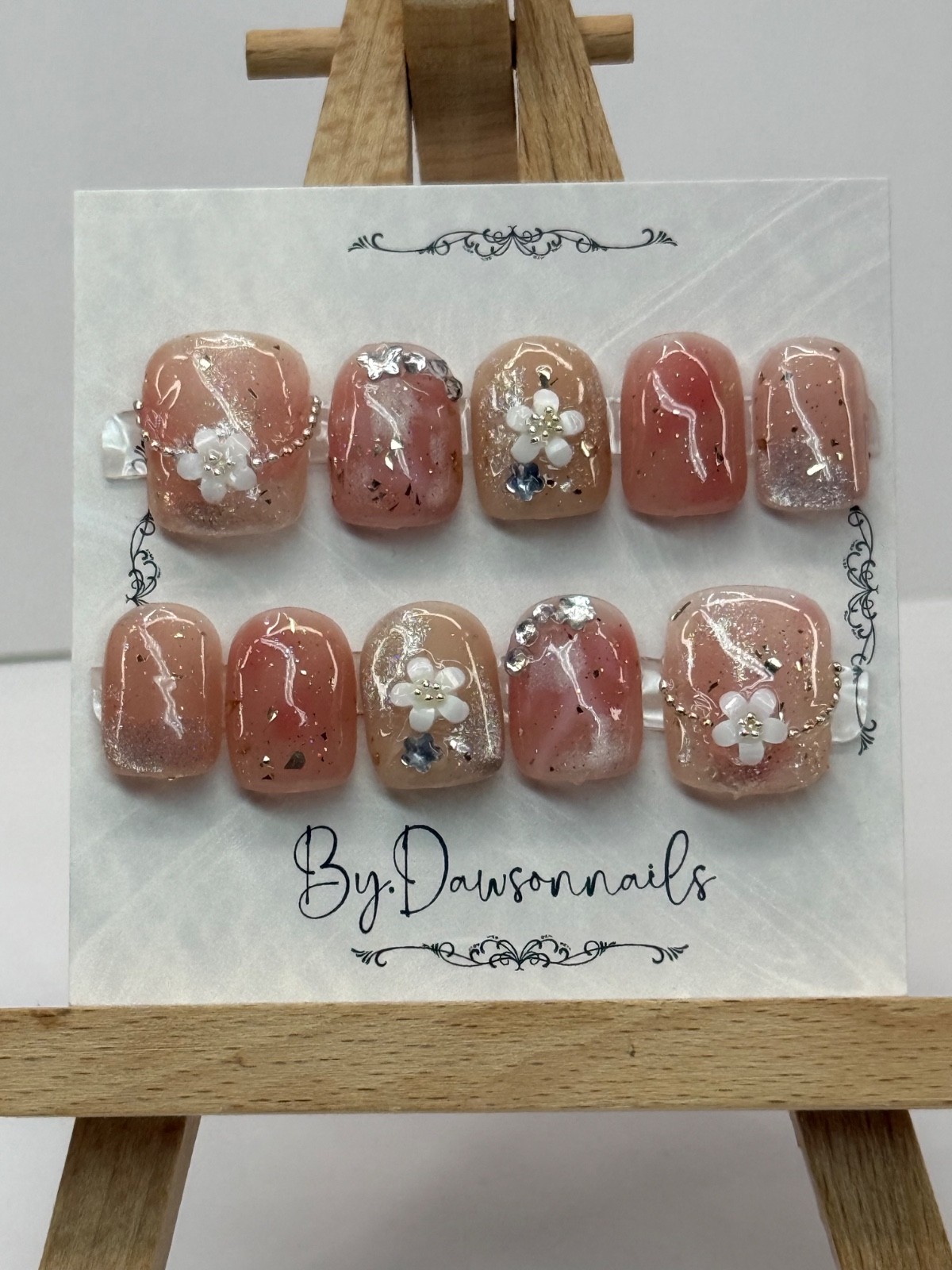 by.Dawson Press on Nails 3D Gel nails floral short square glitter colors sz M