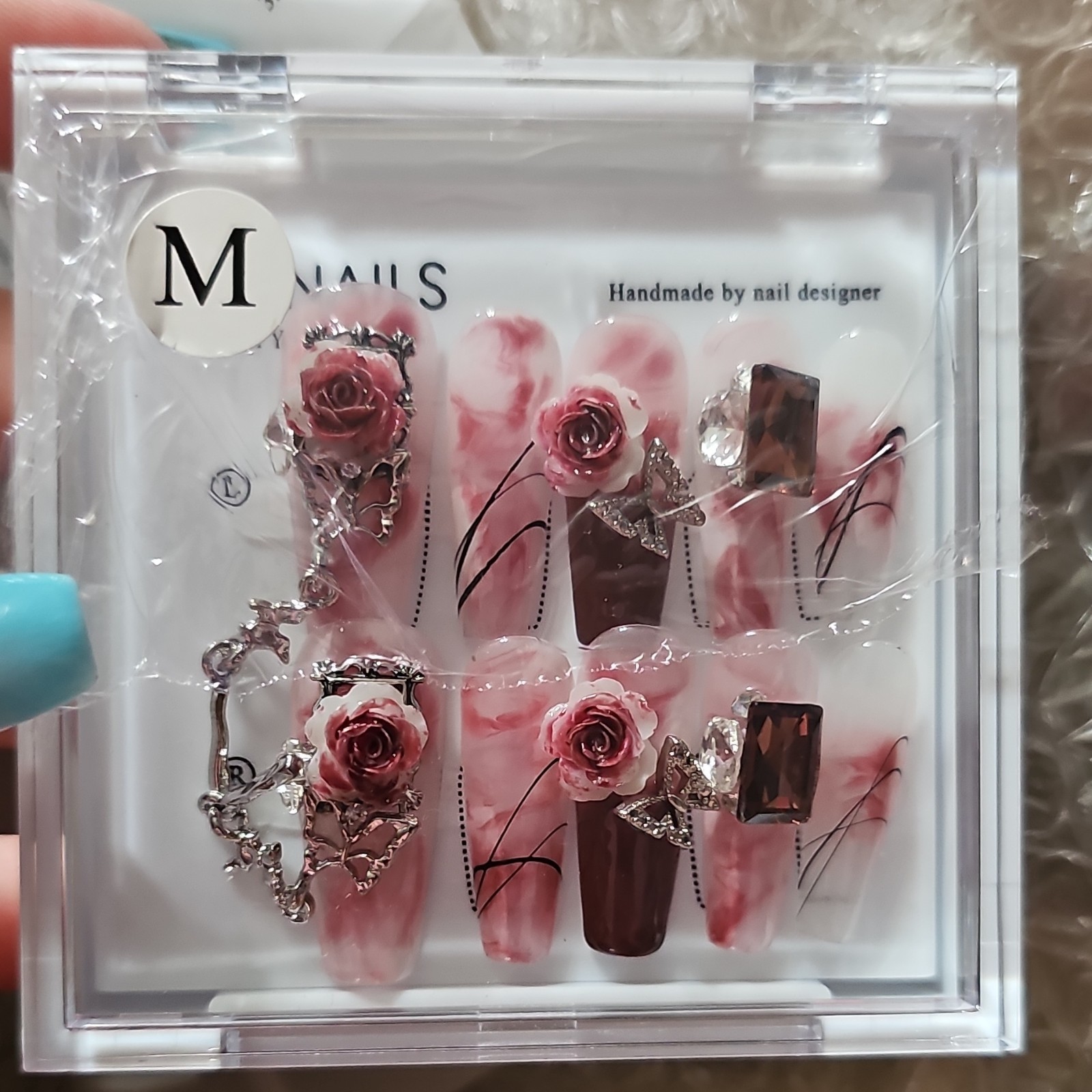 FUNNAILS 3D Rose Medium Press-On Nails Pink Brown Full Cover Pre-Designed Set