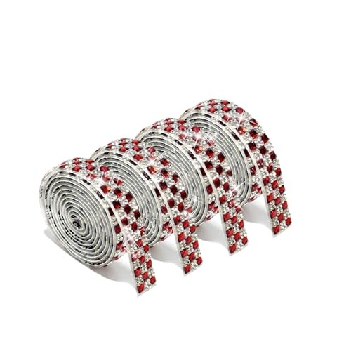 4Rolls Self Adhesive Crystal Rhinestone Strips, Glass Gems Rhinestone Red B