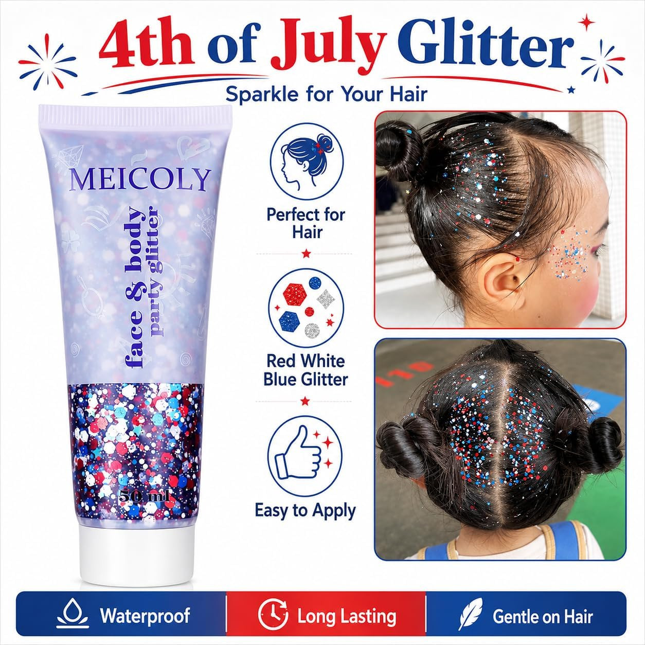 Red White and Blue Face Glitter,4Th of July Patriotic Accessories,Star Hair Glit