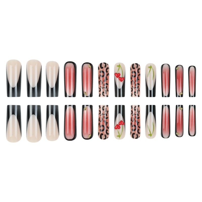 48Pcs-Long Square Red Gradient Leopard 3D Cherry Gold Bead Press on Nails Set