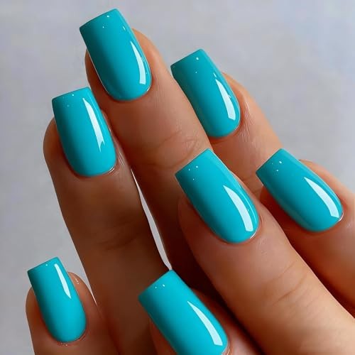 Teal Blue Press on Nails Medium Square, Soft Gel Fake Nails Short teal blue