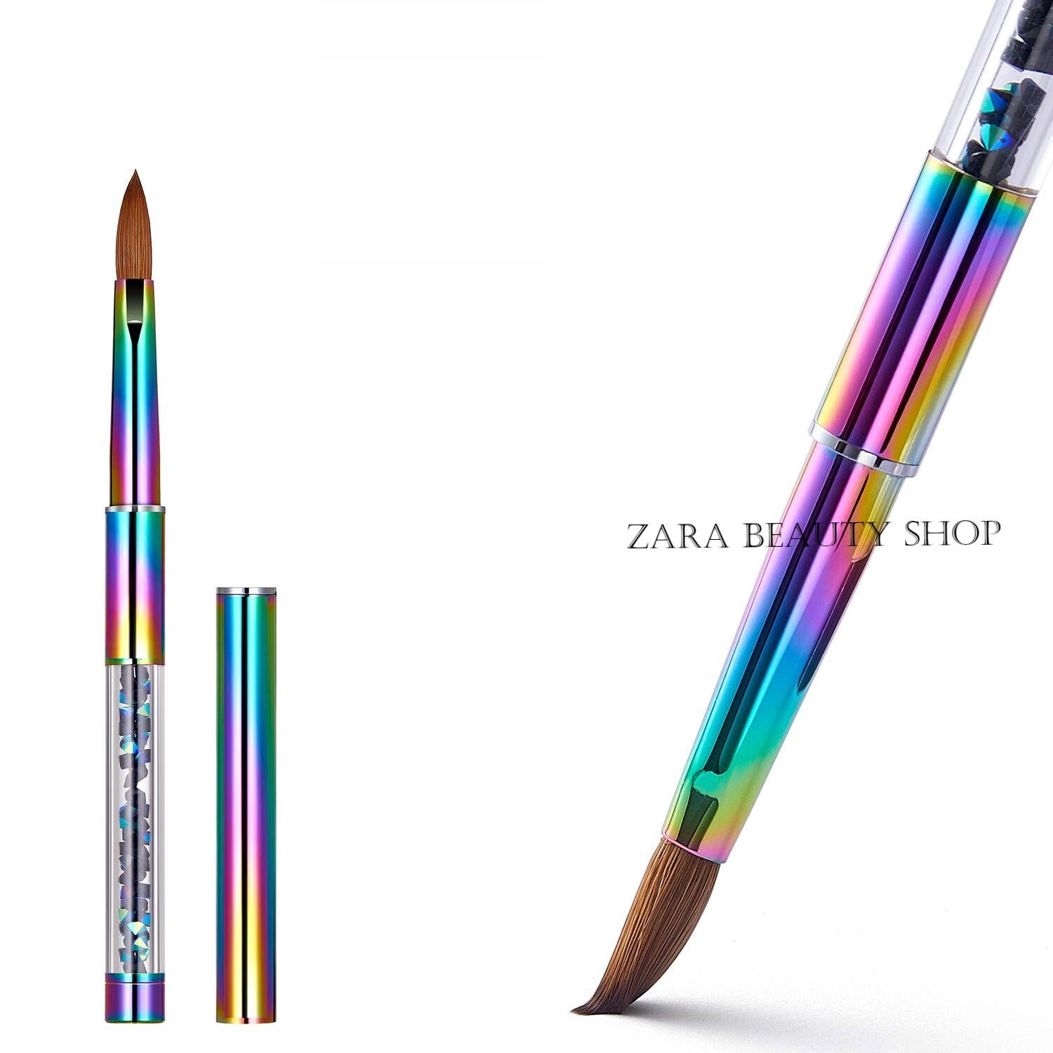 100% Kolinsky Acrylic Nail Brush With Cap Rainbow Crystal Handle 6-14 (CRIMPED)