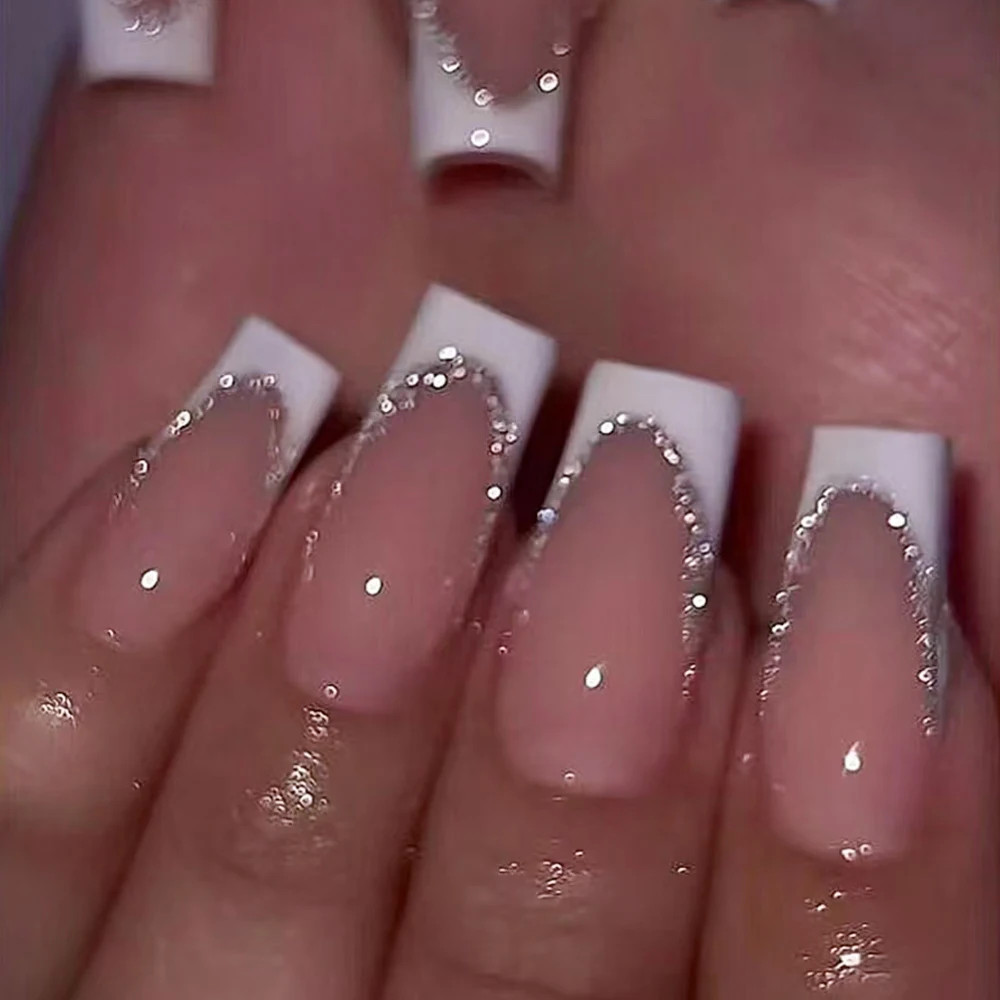 French Glitter Short Square Coffin Press on Nails Full Cover Acrylic Fake