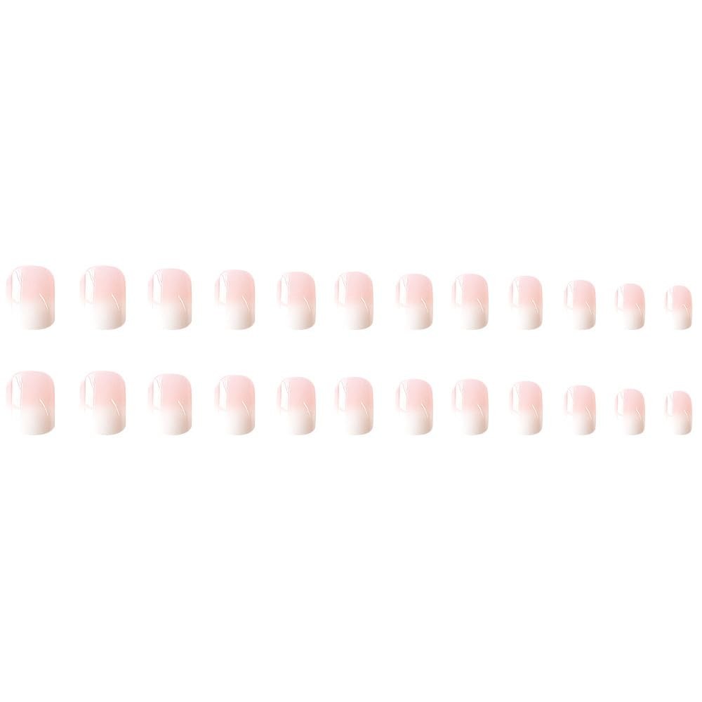 Pink Ombre Press on Nails Short Square Fake Nails with Nude White Gradient De…