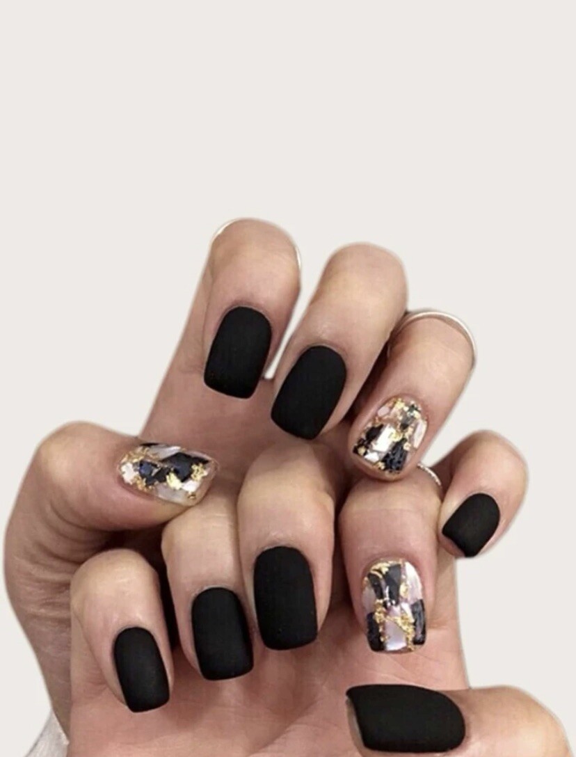 FULL COVER *Black* SHORT Press On 24 Pieces Nail Tips Kit With Glue