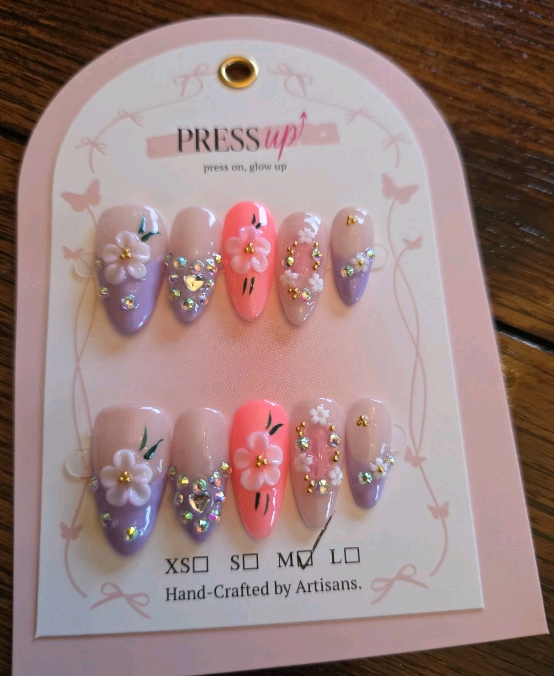 Gorgeous 3D Set Press-On Nails Pink Purple Floral 1″ (2.5 Cm) Medium Width