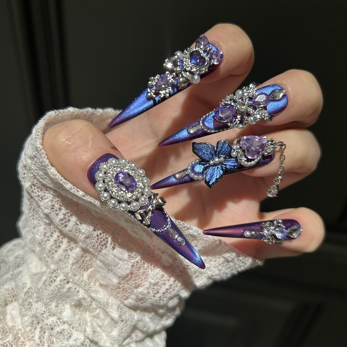 Purple Green Gradient Cat Eye Press On Nails Handmade
