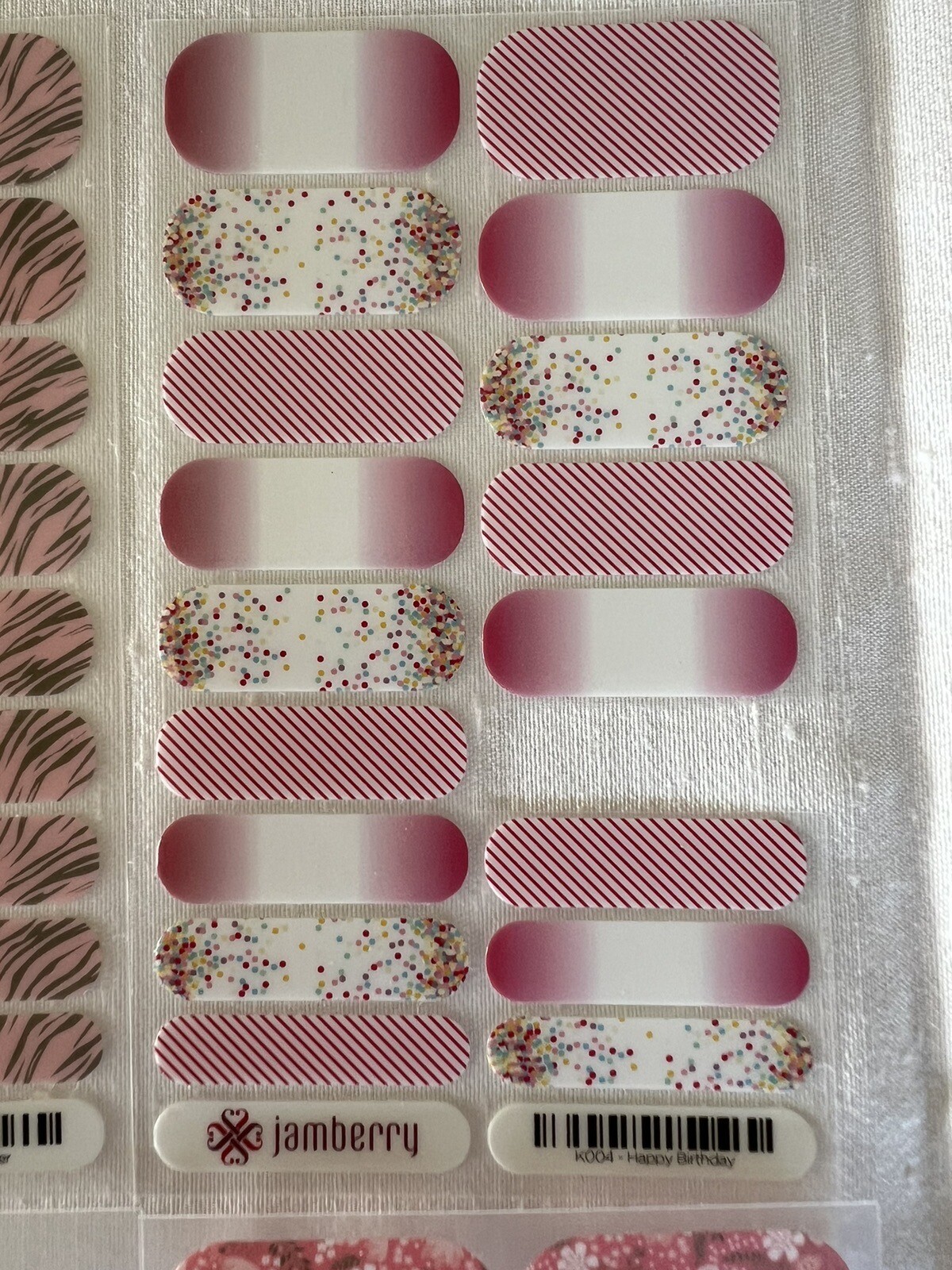 Jamberry Nail Wraps, Happy Birthday, Icy Rose Polka, Neutral Tiger, SB F1-0416