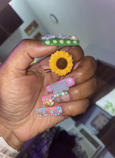 Handmade Long Coffin SunFlower 3D Teddy Bear Press On Nails 10pcs NEW SIZE LARGE