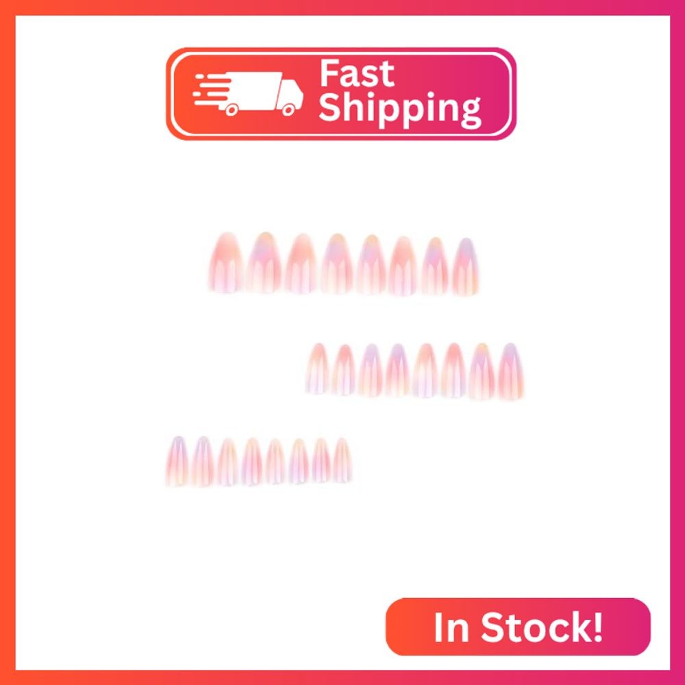 ANDGING Pink Almond Short Press on Nails Ombre pink fake Nails with Glossy Desig