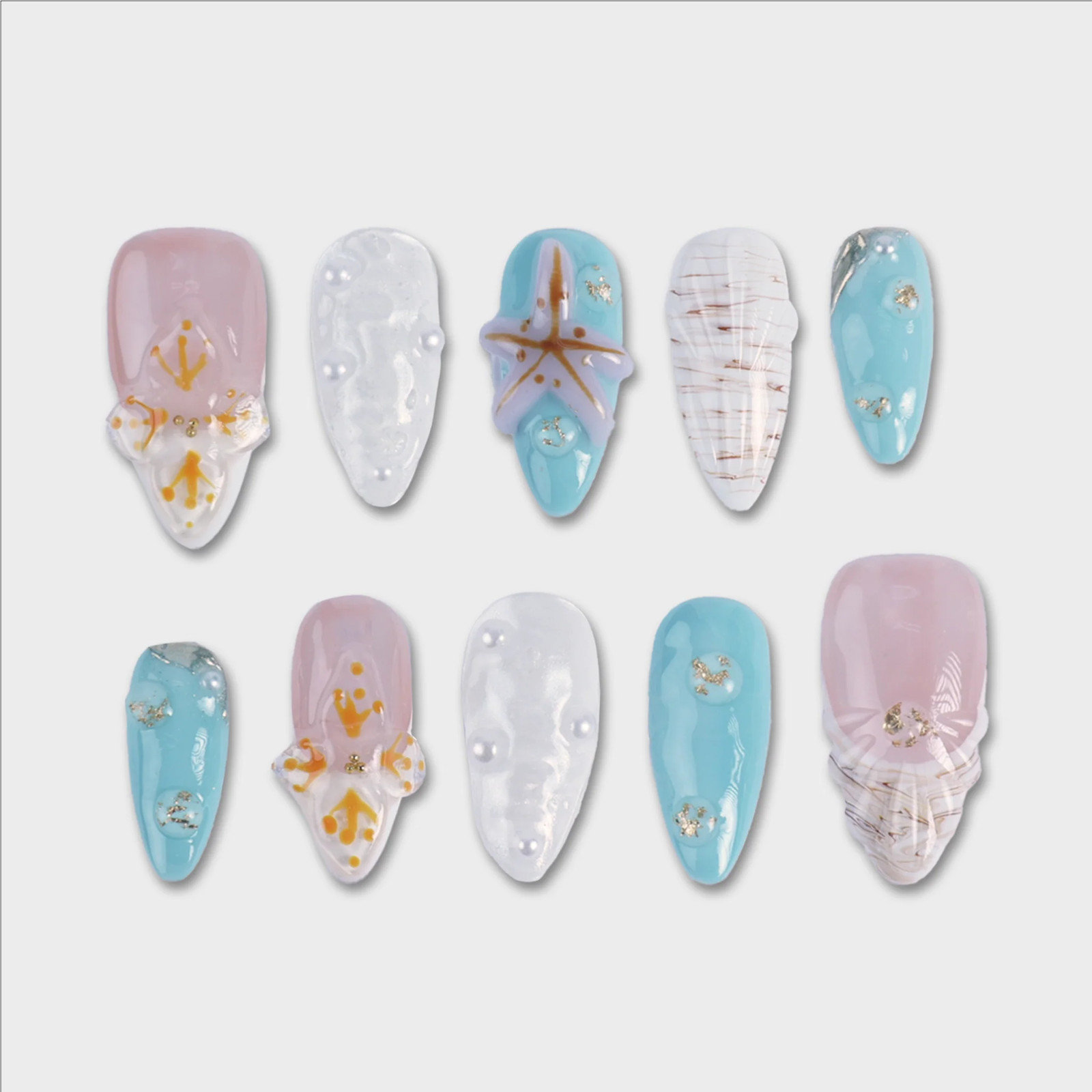 SIYOU Cabana Medium Almond Blue Pink Starfish Press-On Nails 10pc
