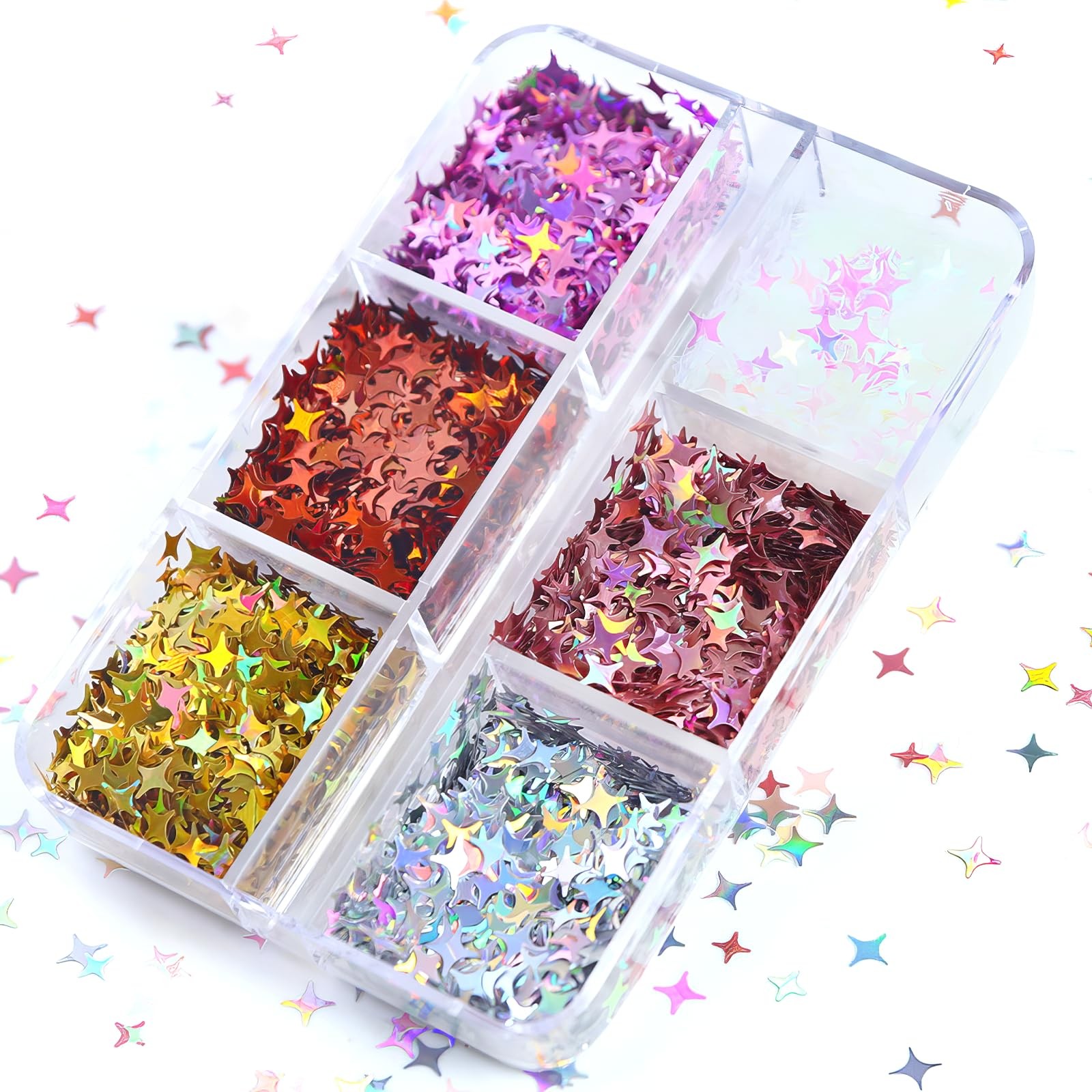 6 Grid Holographic Star Nail Glitter Set,3D Five-Pointed Star Sequins,Flakes …