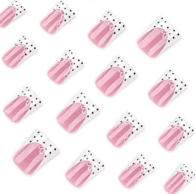 24pcs Duckbill-shaped French White Edge Black with White Dots Press-on Nails
