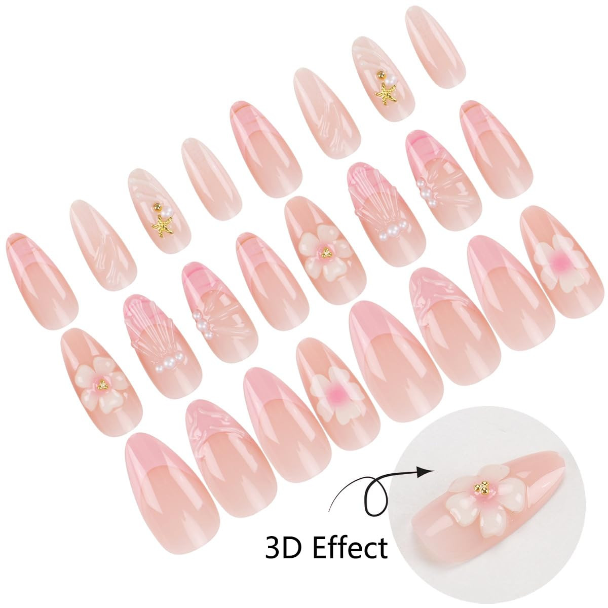 24Pcs Pink Floral Press on Nails Short Almond Fake Nails with 3D Flower Design G