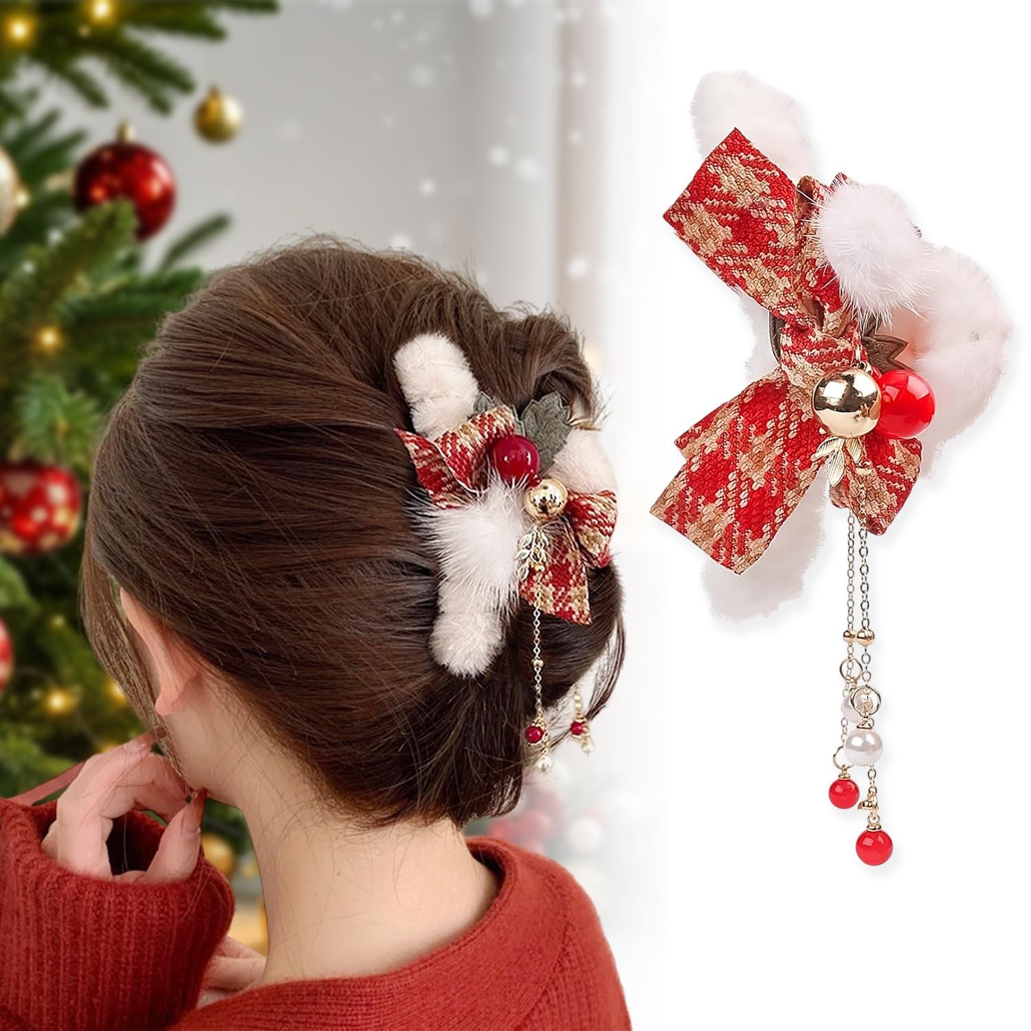 1Pcs Christmas Hair Bow Clips for Women Xmas Winter 3 Count (Pack of 1), Red