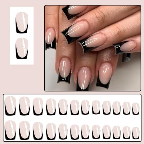 24Pcs Black French Tip Press on Nails Medium Square Nails Press black french