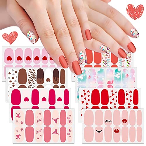 8 Sheets Valentine’s Day Nail Wraps for Women Nail Polish Strips Self Heart