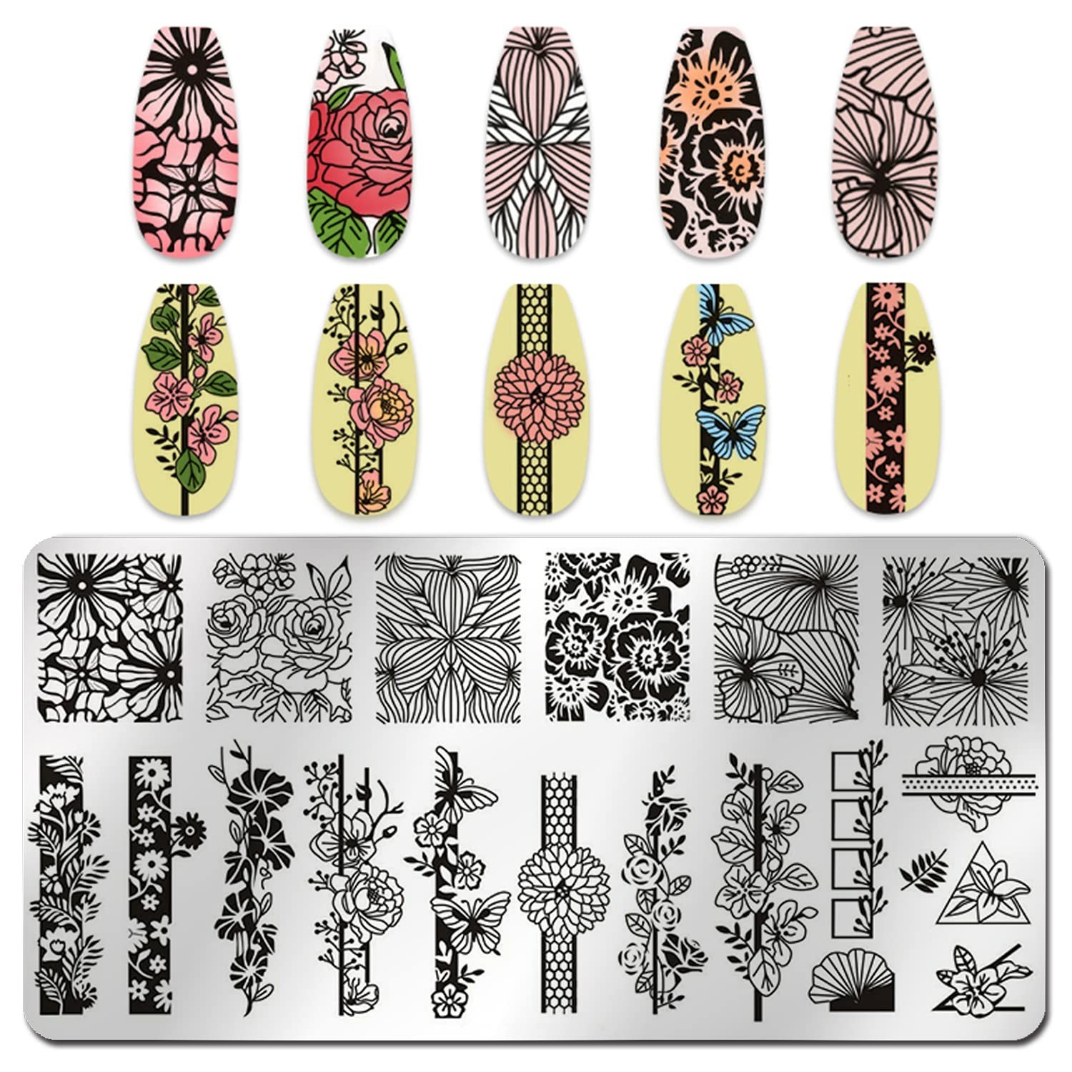 6pcs Flower Nail Stamping Plates – Mix Size Spring Summer Flowers Leaves Nail…