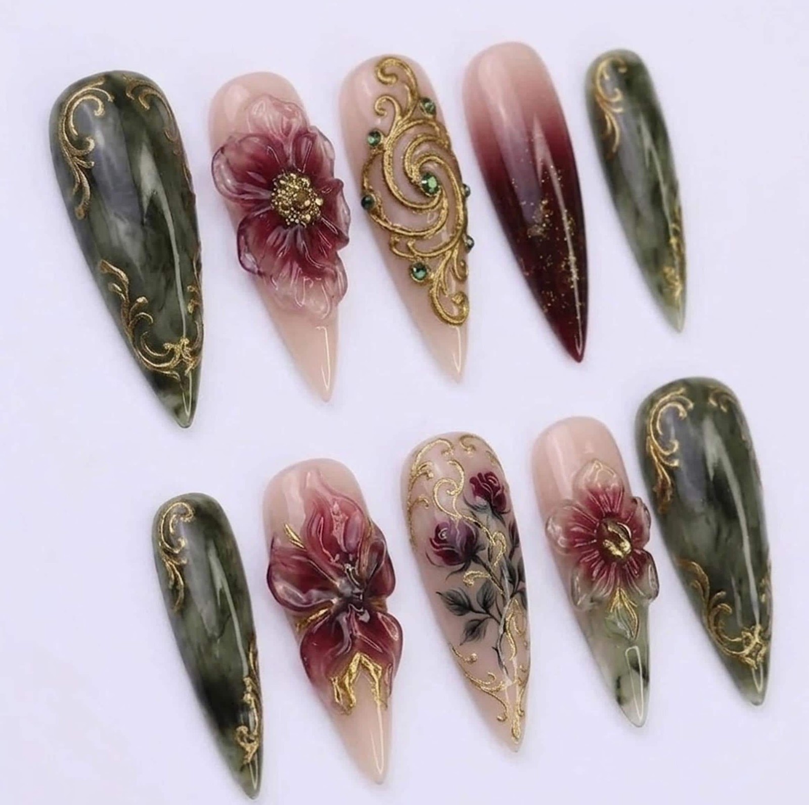 Custom Handmade Vintage Rose Gold Filigree Jade Gradient Stiletto Press on Nails