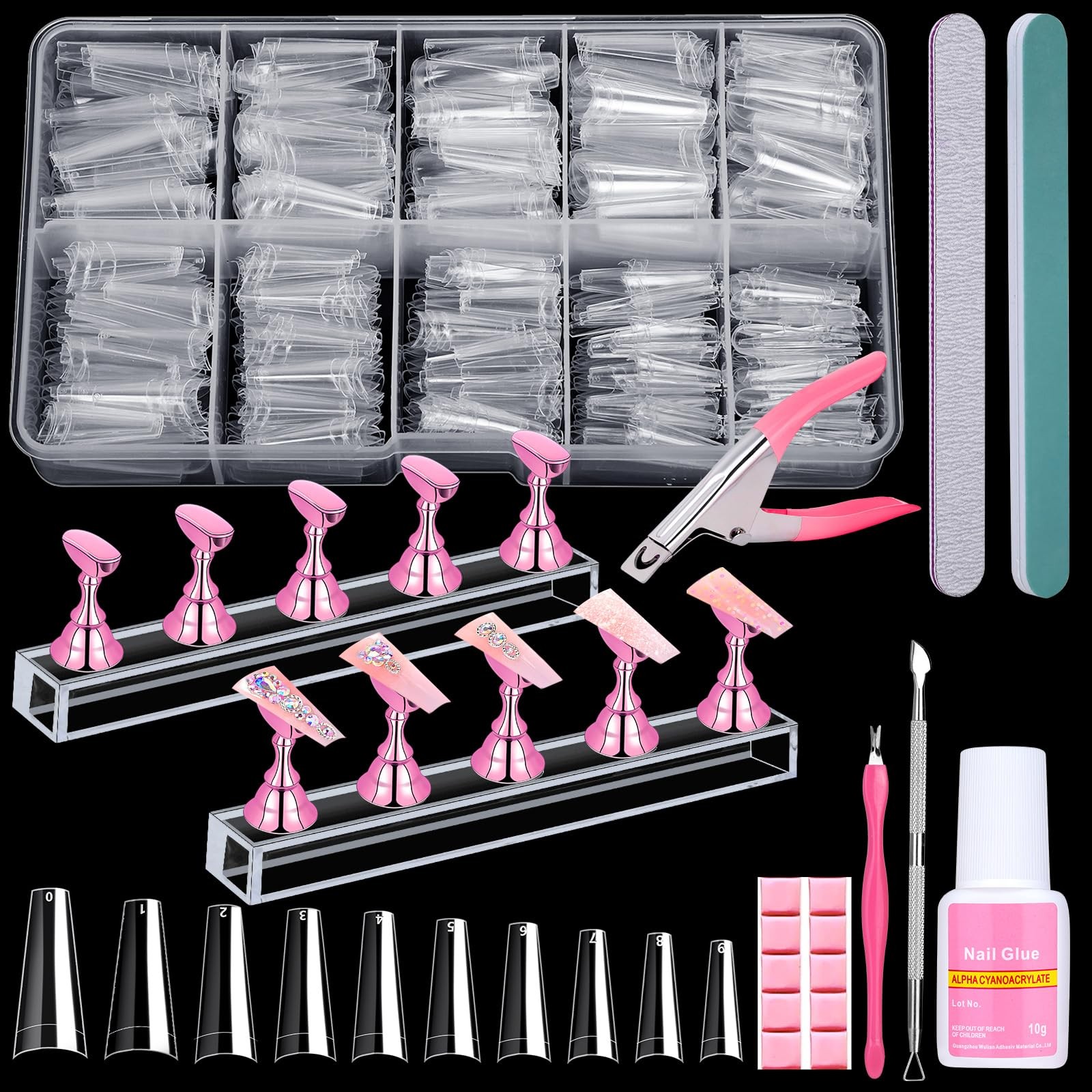 600PCS Clear Coffin Nail Tips Set – L,M,S, French Half Cover