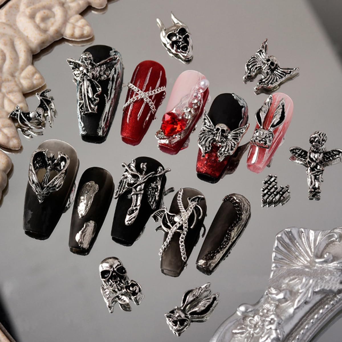 30 PCS 3D Nail Charms Halloween Nail Art Charms Antique Silver Love Shape Nail C