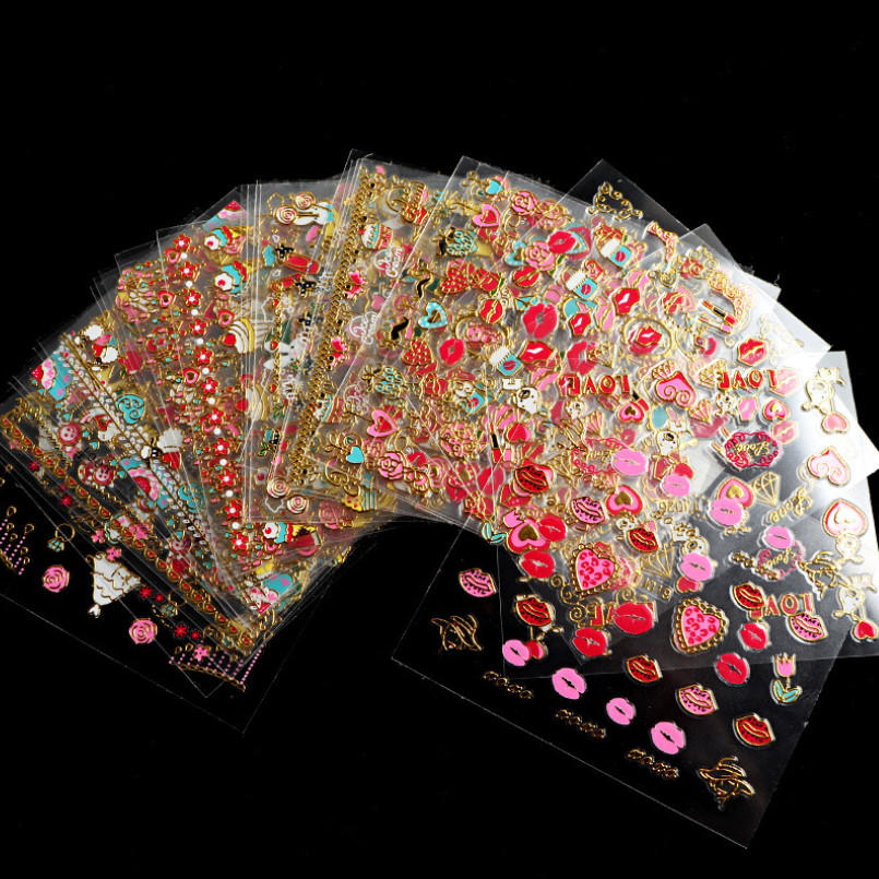 10PCS 3D Tip DIY Nail Art Stickers Gold Valentine Heart Love Red Lip Cake #13