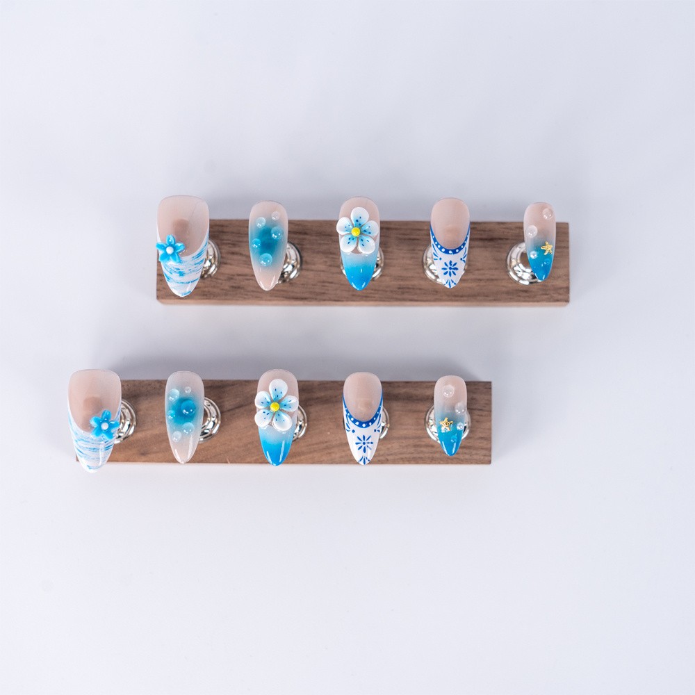 Elegant Handmade Blue Ombre Press On Nails Medium Almond Shape for Spring Summer