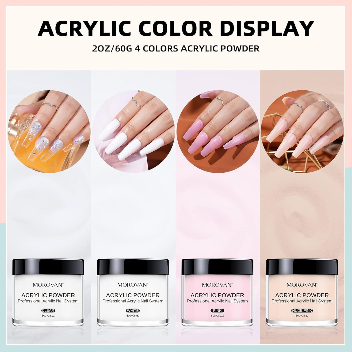 Acrylic Nail Powder Set: 4 Colors Clear Nude Pink White Acrylic Powder for Nail