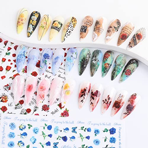 6 Sheets Flower Nail Art Stickers 3D Blue Pink Red Rose Nail Decals Spring